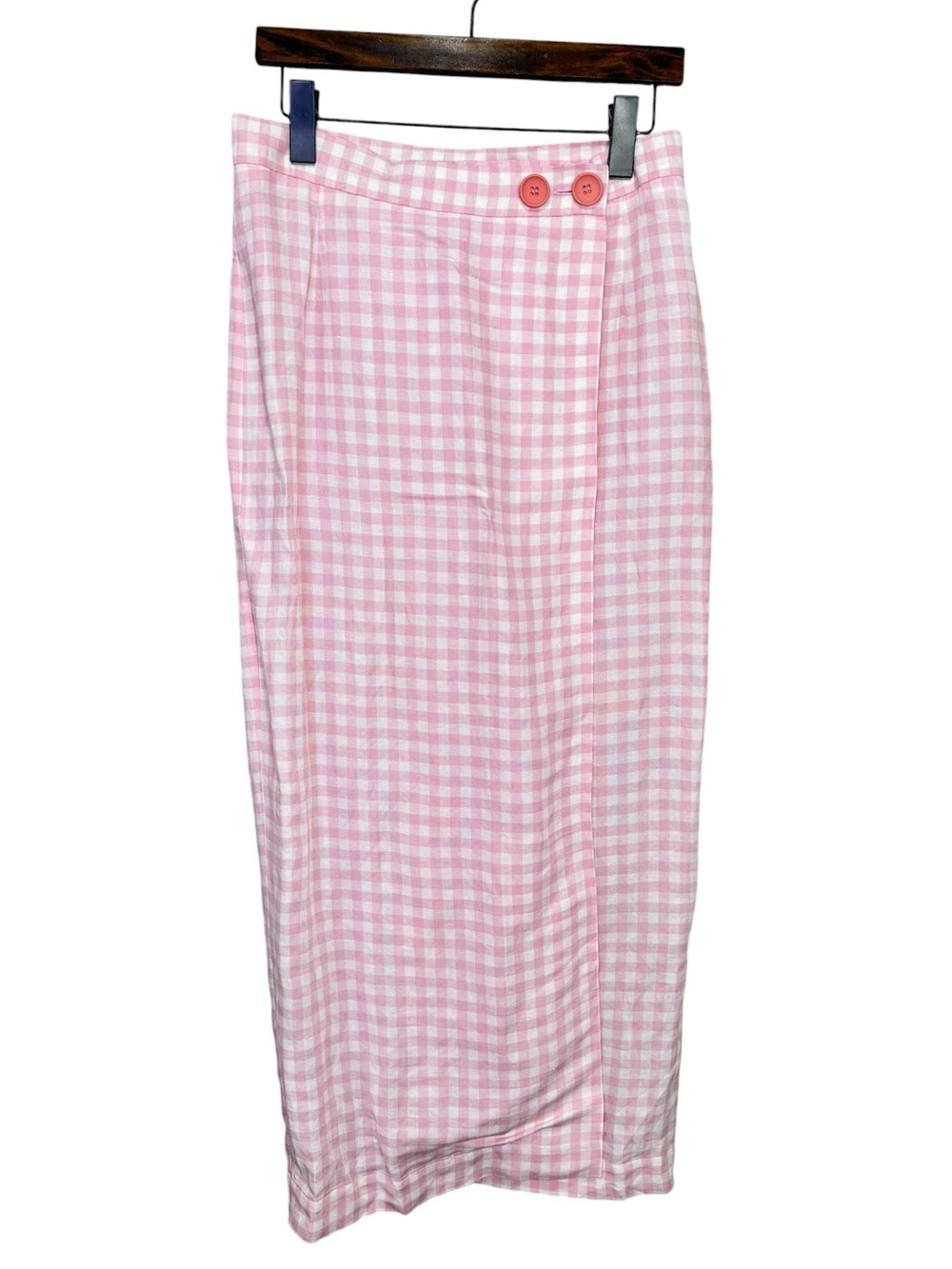 NEW Sleeper Lili Marleen Gingham Pink White Midi Linen Blend Skirt Medium - Picture 4 of 9